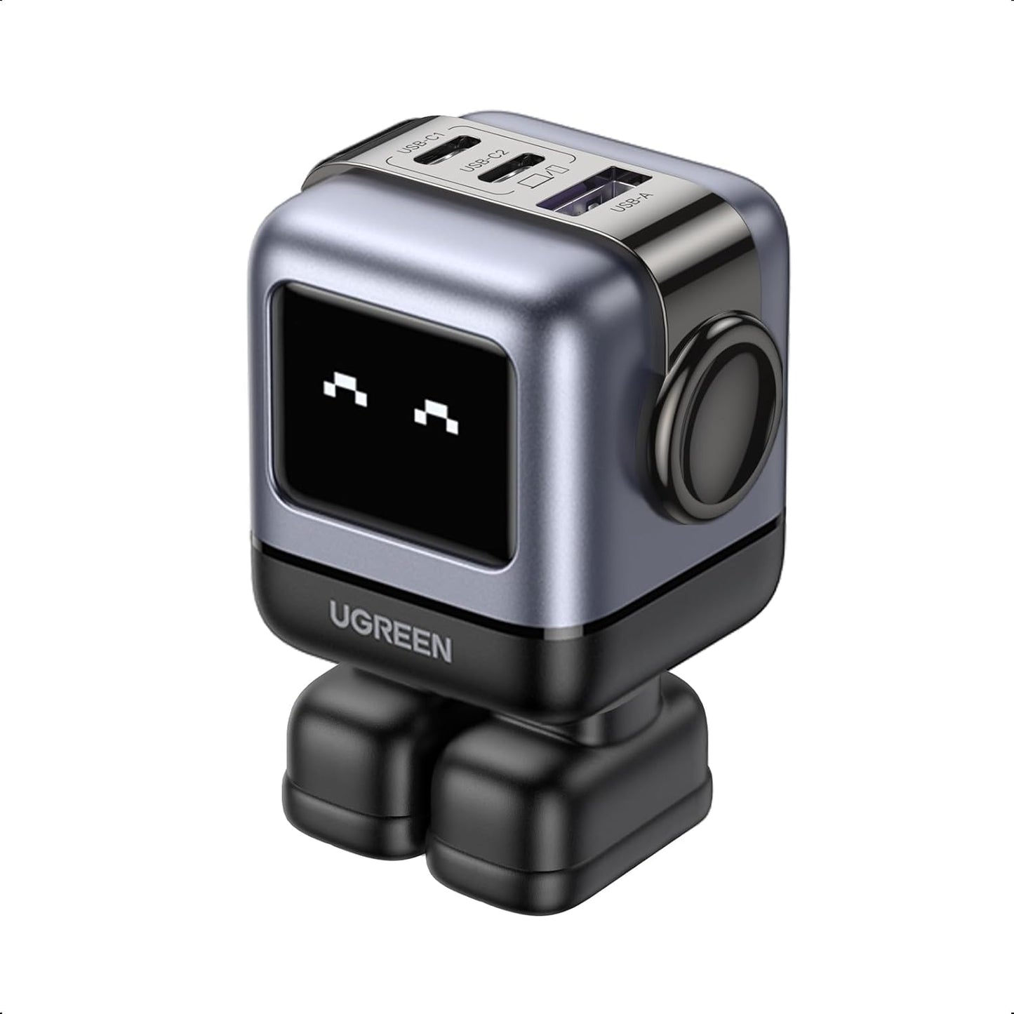 Cargador Ugreen UNO 65W GaN | 2 USB-C + 1 USB-A | Carga Rápida con Pantalla LED – Nexode Serie Robot