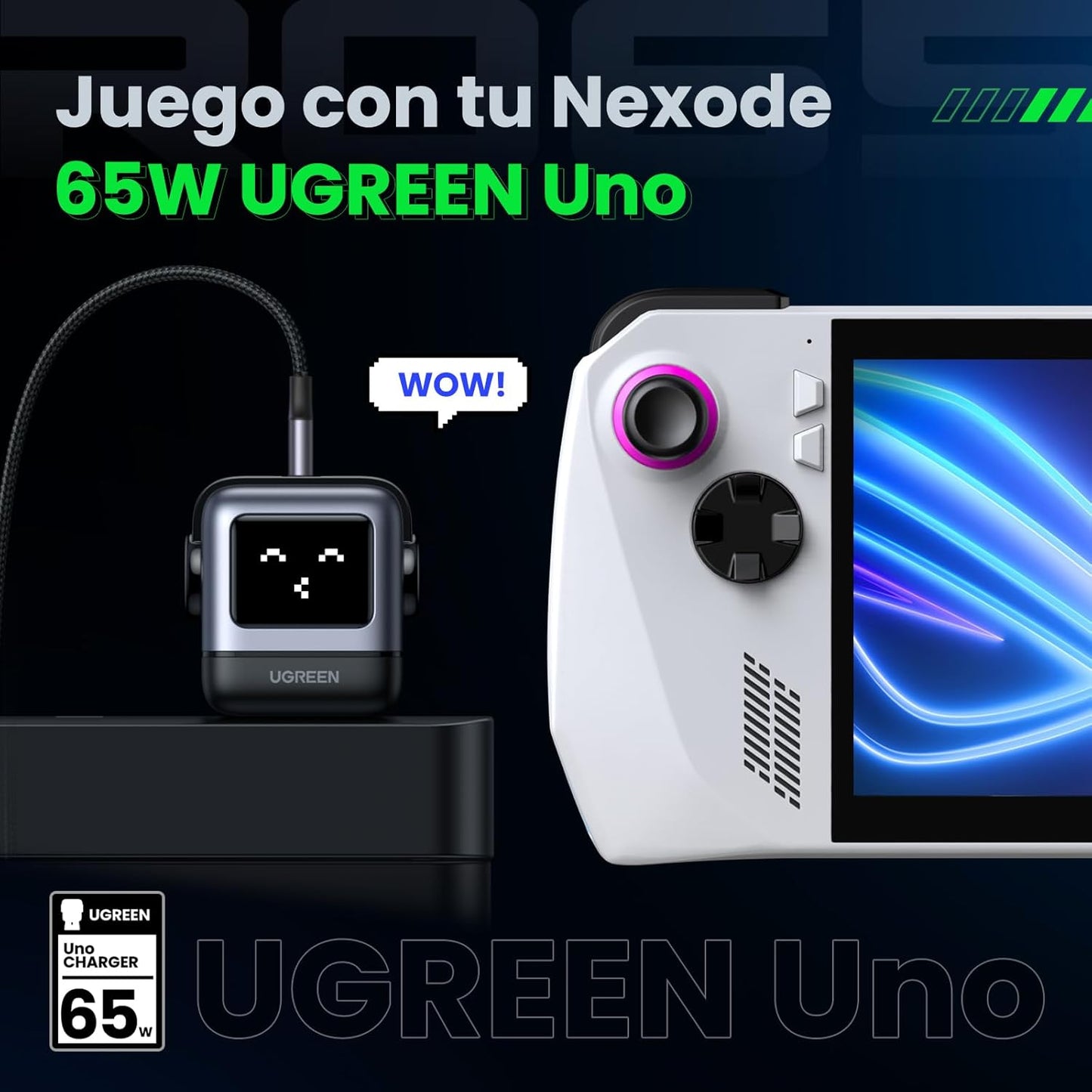 Cargador Ugreen UNO 65W GaN | 2 USB-C + 1 USB-A | Carga Rápida con Pantalla LED – Nexode Serie Robot