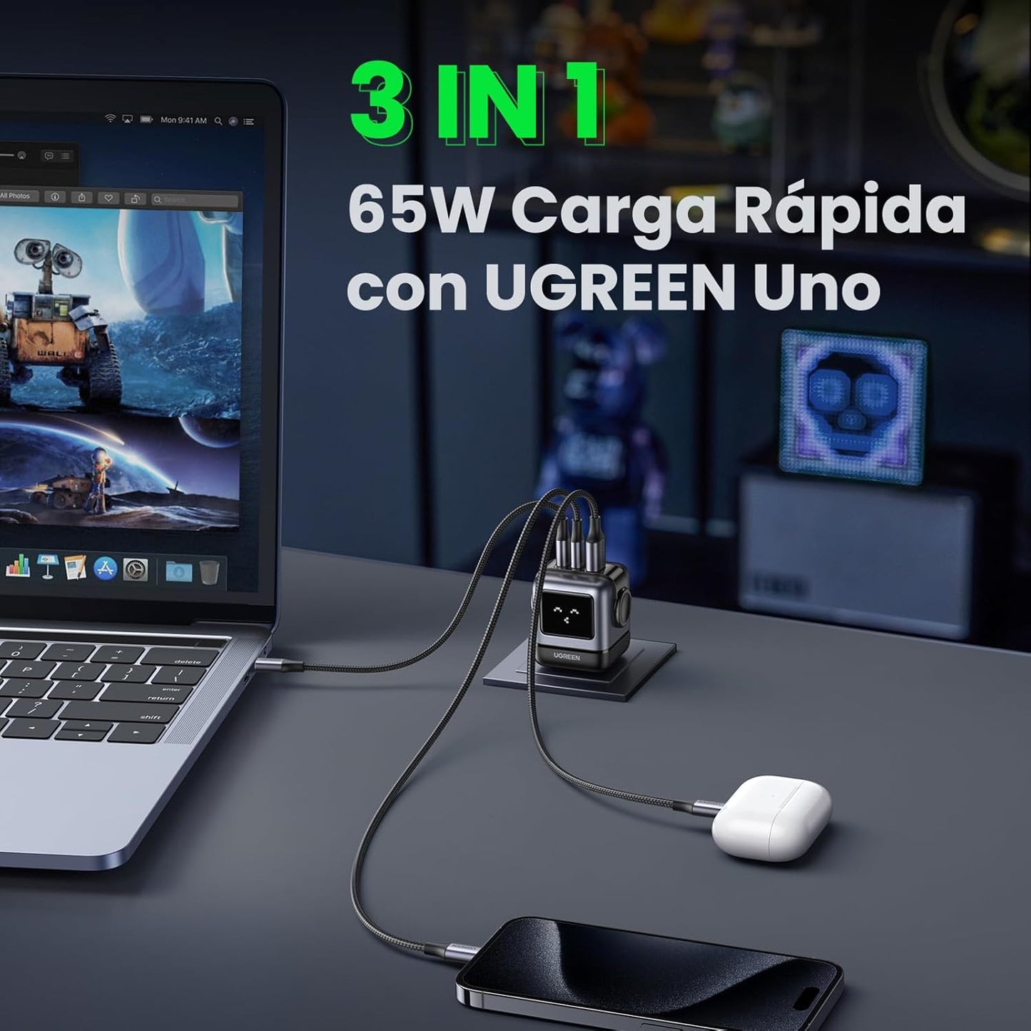 Cargador Ugreen UNO 65W GaN | 2 USB-C + 1 USB-A | Carga Rápida con Pantalla LED – Nexode Serie Robot