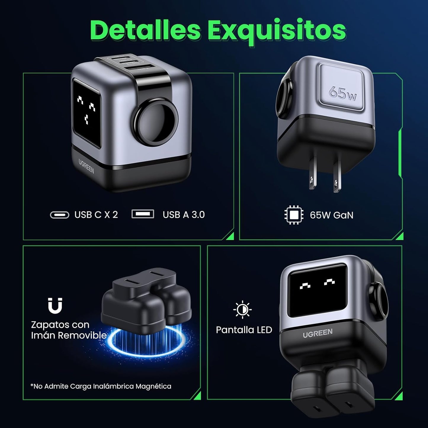 Cargador Ugreen UNO 65W GaN | 2 USB-C + 1 USB-A | Carga Rápida con Pantalla LED – Nexode Serie Robot