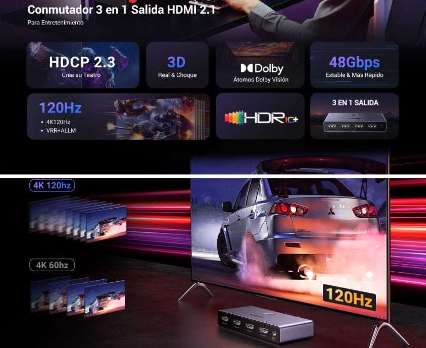 Switch (Splitter) 8K HDMI 2.1 de 3 entradas 1 Salida Ugreen 15604 Plateado 8k 60hz