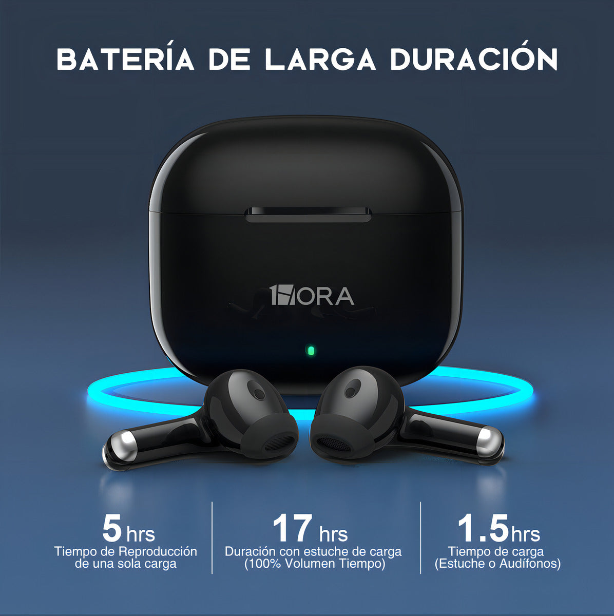 Audífonos In-Ear Bluetooth 5.3 1Hora AUT203 | Graves Potentes, Carga Rápida USB-C, Batería 20h - Negro