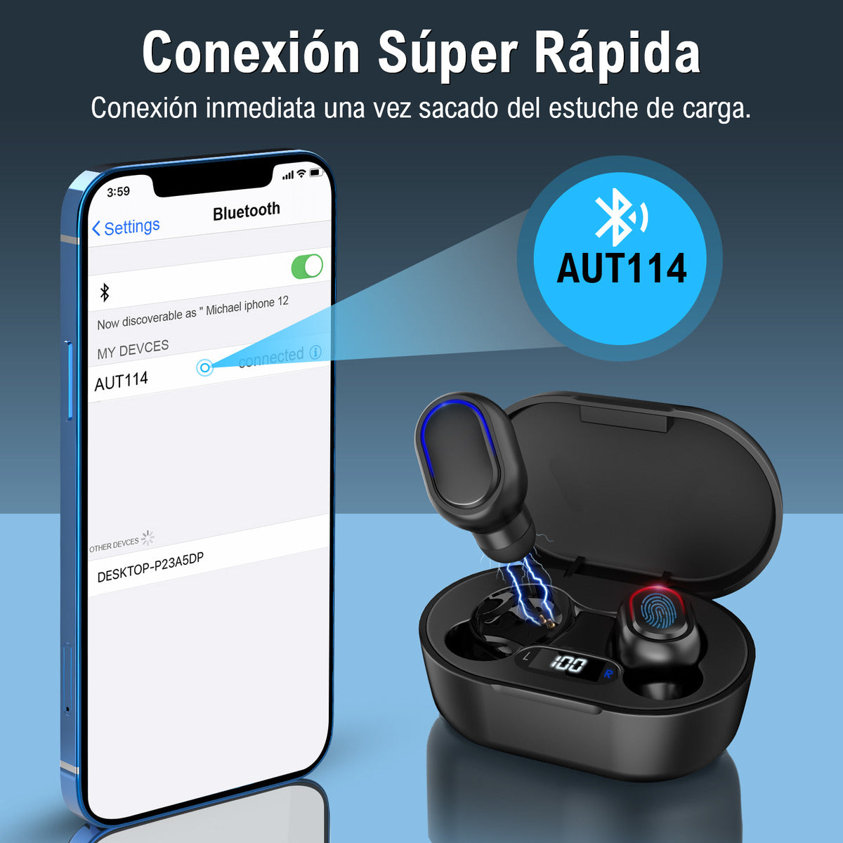 Audífonos Inalámbricos Bluetooth 5.3 1Hora AUT114 | Sonido HD, Batería 25H, Micrófono y Estuche LED – Color Negro