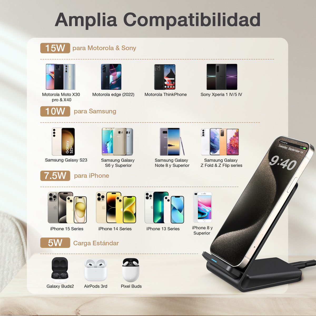 Cargador Inalámbrico 15W Qi para iPhone - Carga Rápida y Soporte Incluido - Negro | GAR157
