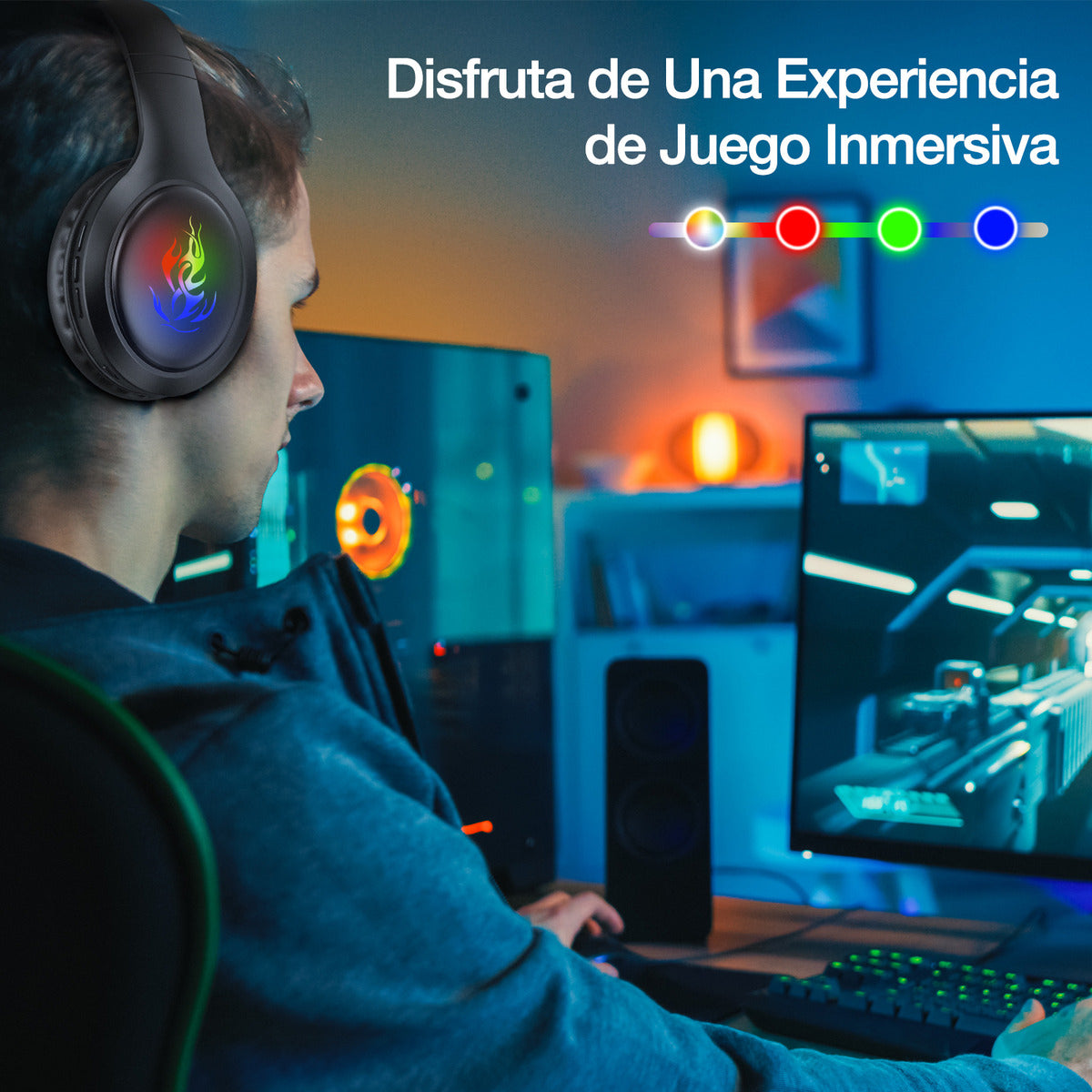 Audífonos Bluetooth Over-Ear 1Hora AUT202 | Sonido HD, Micrófono, Luces LED, Batería 28h – Negro