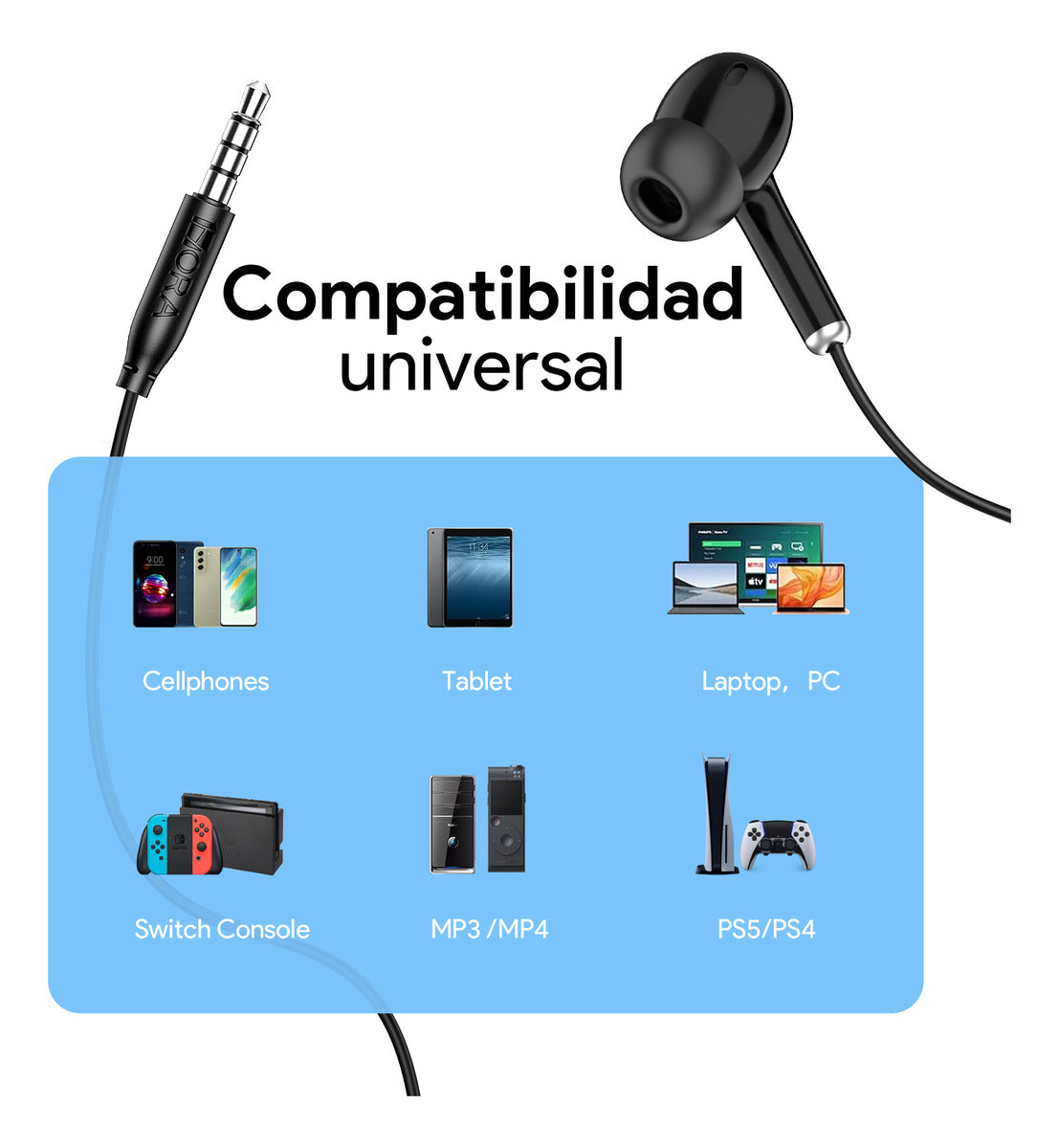 Audífonos Alámbricos In-Ear 1Hora con Micrófono | Modelo AUT123 3.5mm Color Negro
