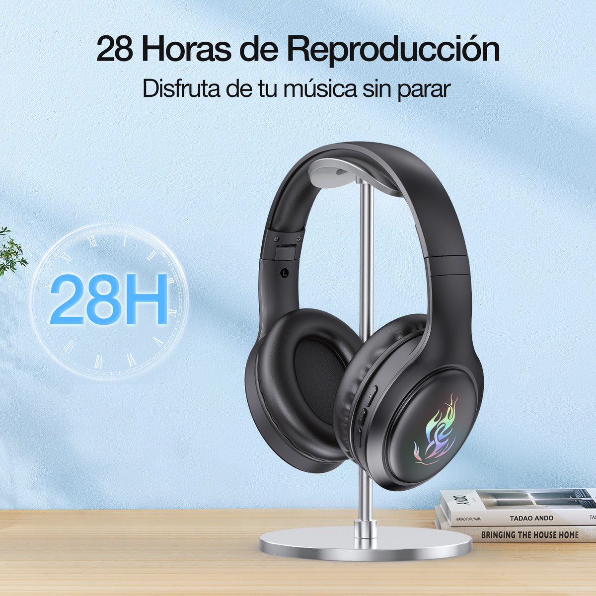 Audífonos Bluetooth Over-Ear 1Hora AUT202 | Sonido HD, Micrófono, Luces LED, Batería 28h – Negro