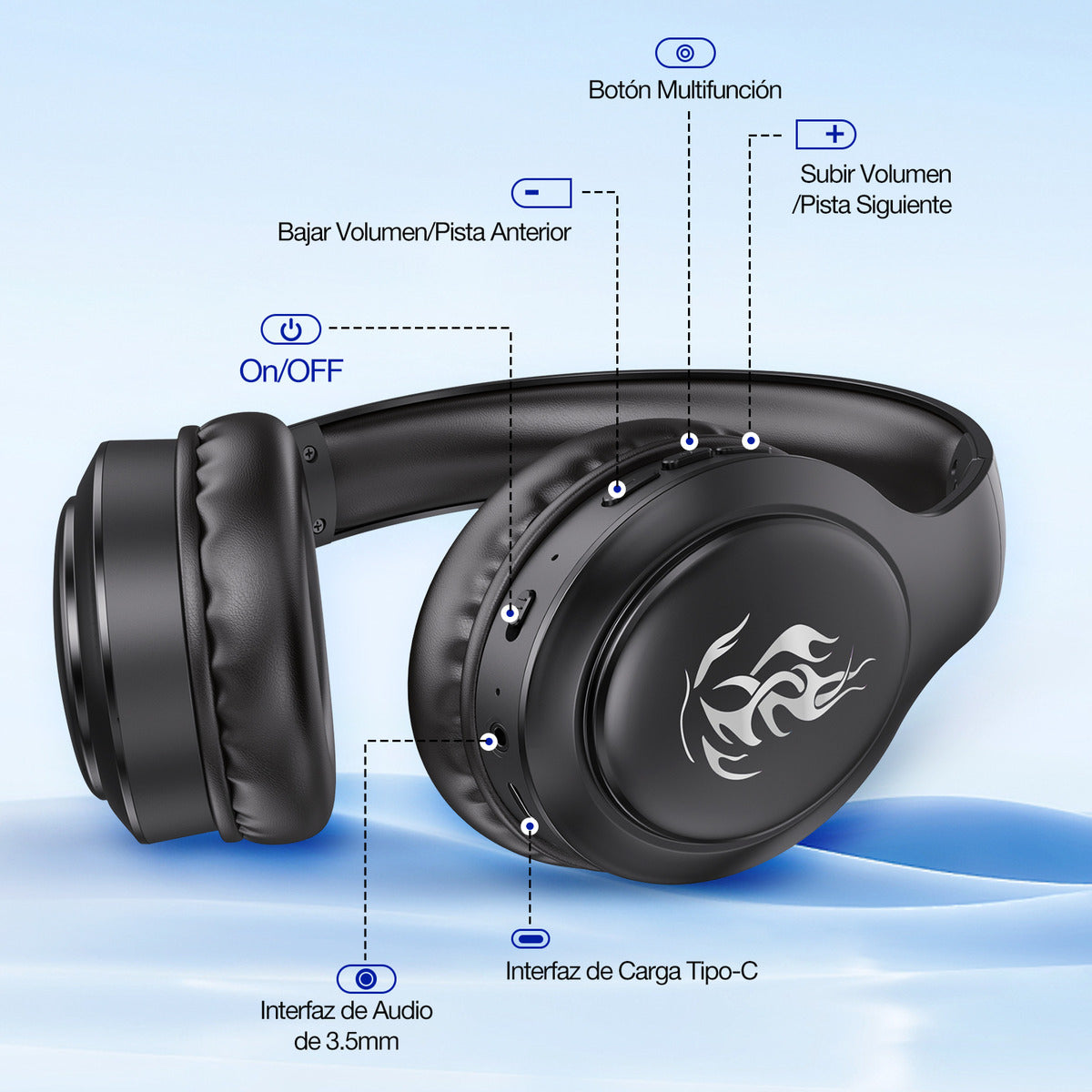 Audífonos Bluetooth Over-Ear 1Hora AUT202 | Sonido HD, Micrófono, Luces LED, Batería 28h – Negro