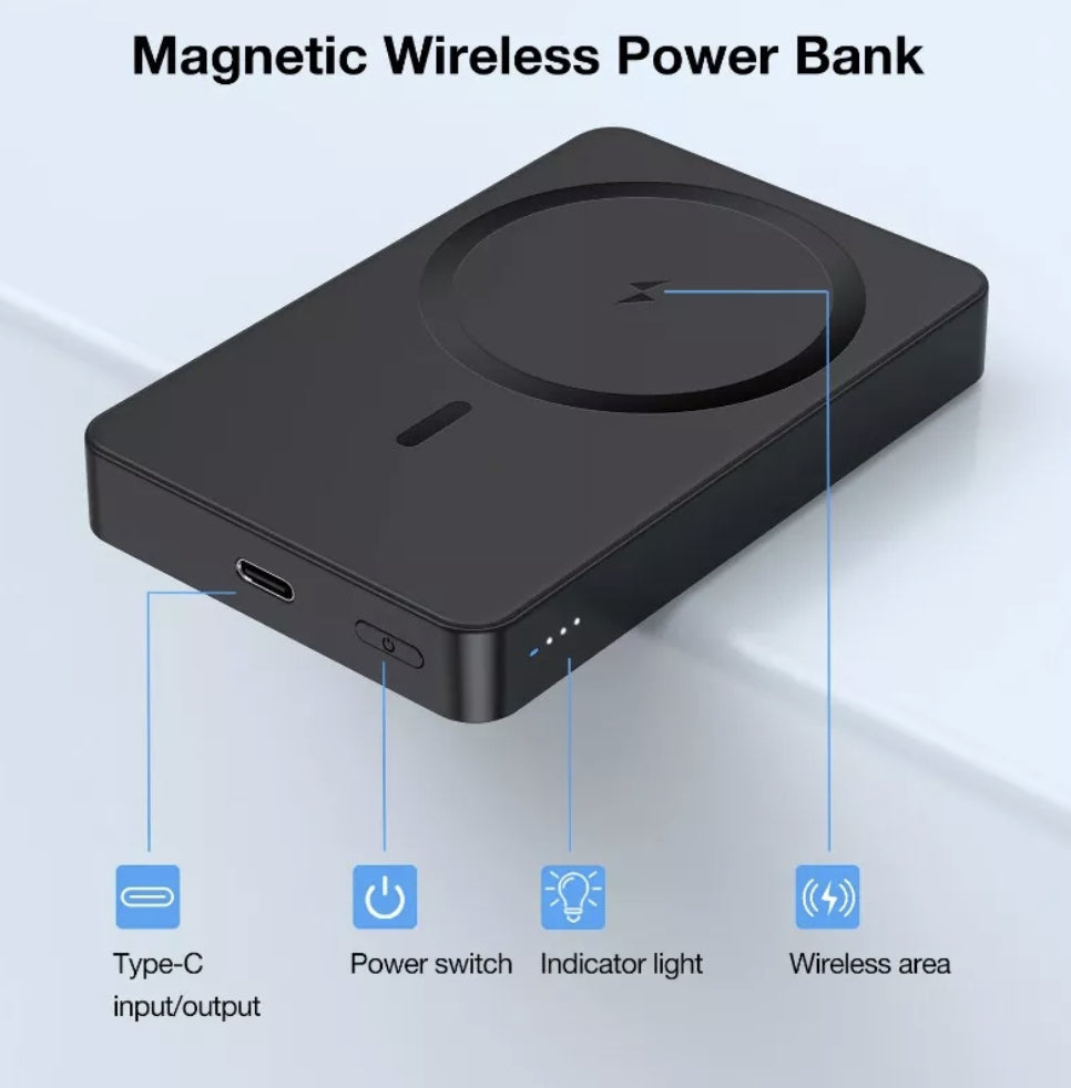 Power Bank Inalámbrico MagSafe 5,000mAh – Carga Rápida 15W GAR277 | iPhone, Samsung, Xiaomi – Negro