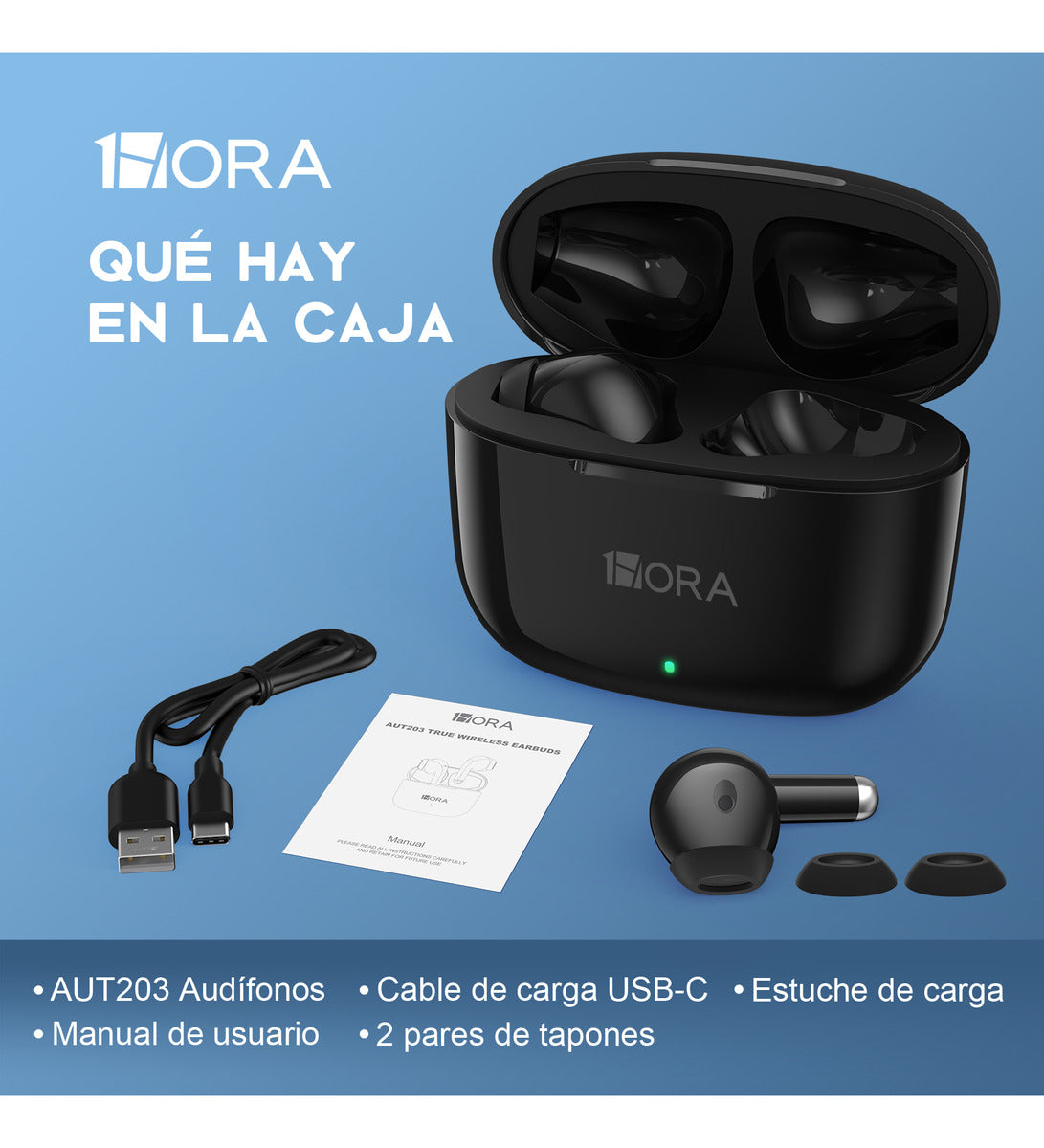 Audífonos In-Ear Bluetooth 5.3 1Hora AUT203 | Graves Potentes, Carga Rápida USB-C, Batería 20h - Negro