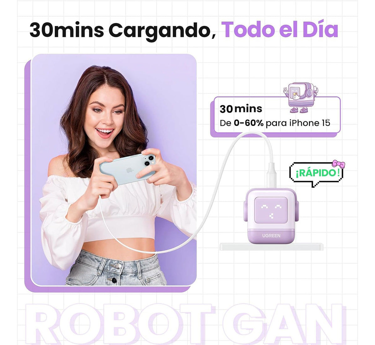 Cargador Usb C 30w Ugreen Nexode Robot Gan Carga Rápida Lila