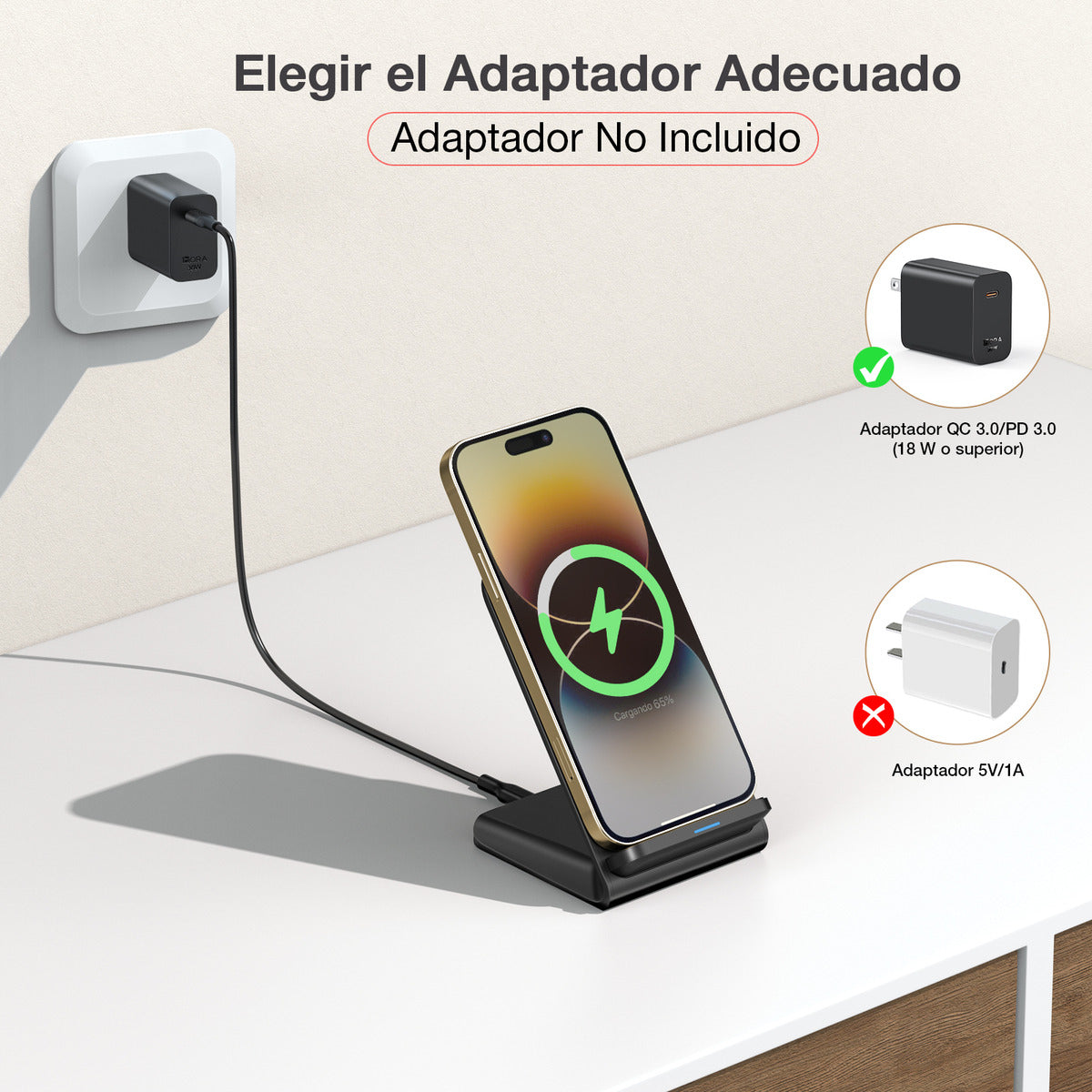 Cargador Inalámbrico 15W Qi para iPhone - Carga Rápida y Soporte Incluido - Negro | GAR157