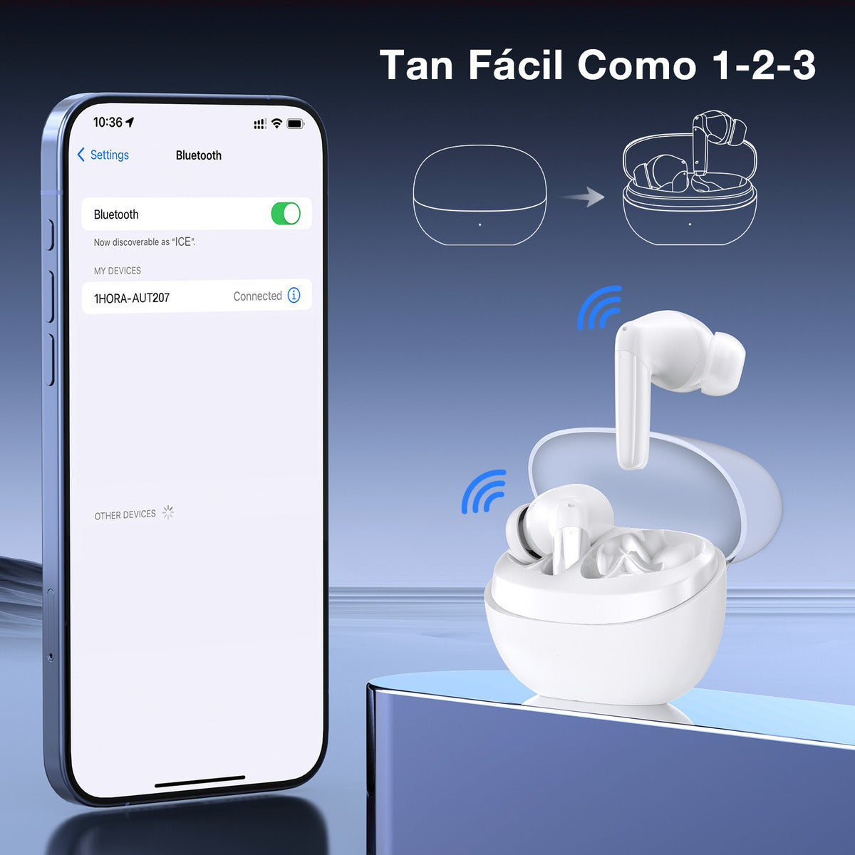 Audífonos In-Ear Bluetooth 5.3 1Hora AUT207 | Batería 18h, Sonido Profesional, Micrófono, USB-C – Color Blanco