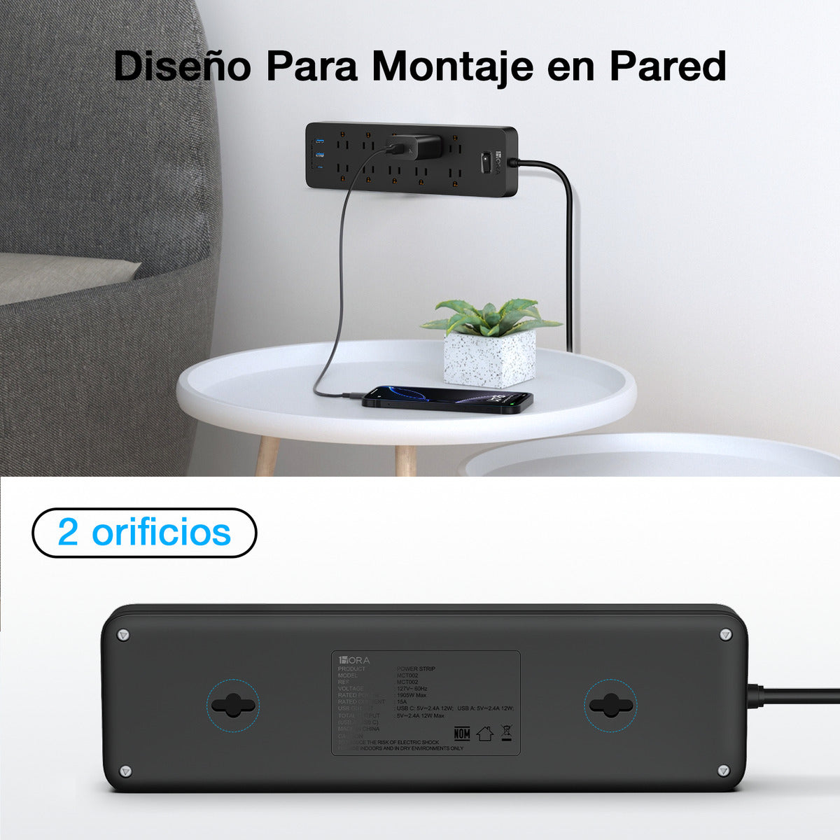 Multicontacto 13 Entradas con USB y Tipo C | Regleta 1Hora MCT002 Protección + Montable 1.5m