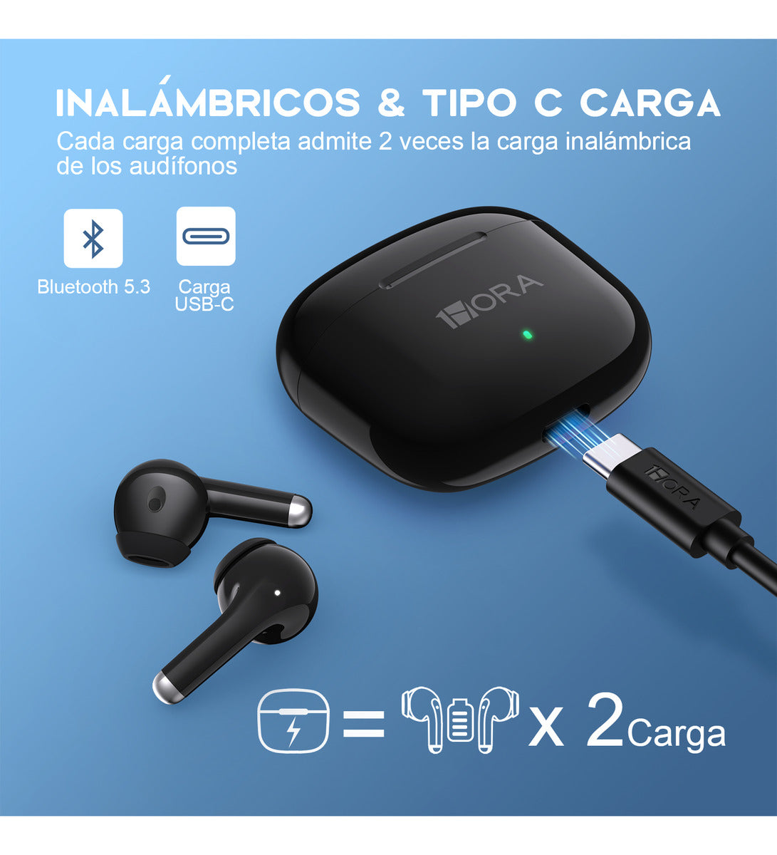 Audífonos In-Ear Bluetooth 5.3 1Hora AUT203 | Graves Potentes, Carga Rápida USB-C, Batería 20h - Negro