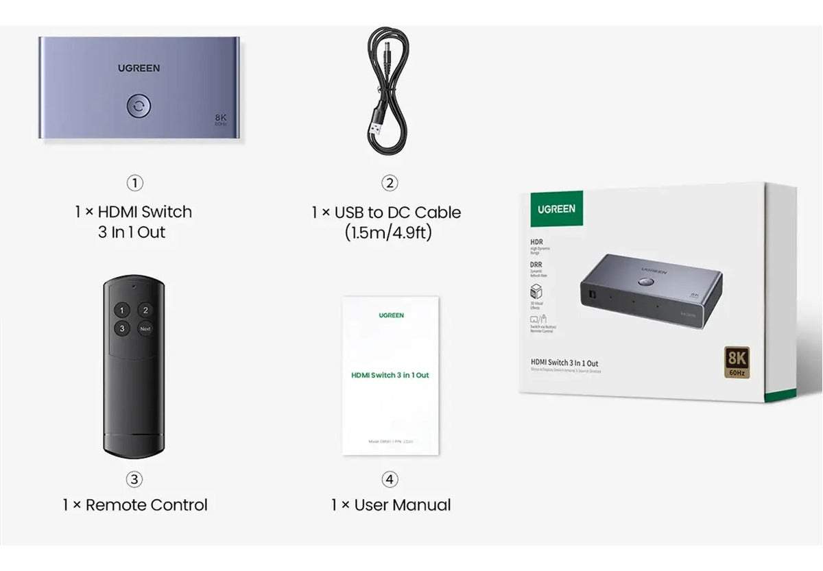 Switch (Splitter) 8K HDMI 2.1 de 3 entradas 1 Salida Ugreen 15604 Plateado 8k 60hz