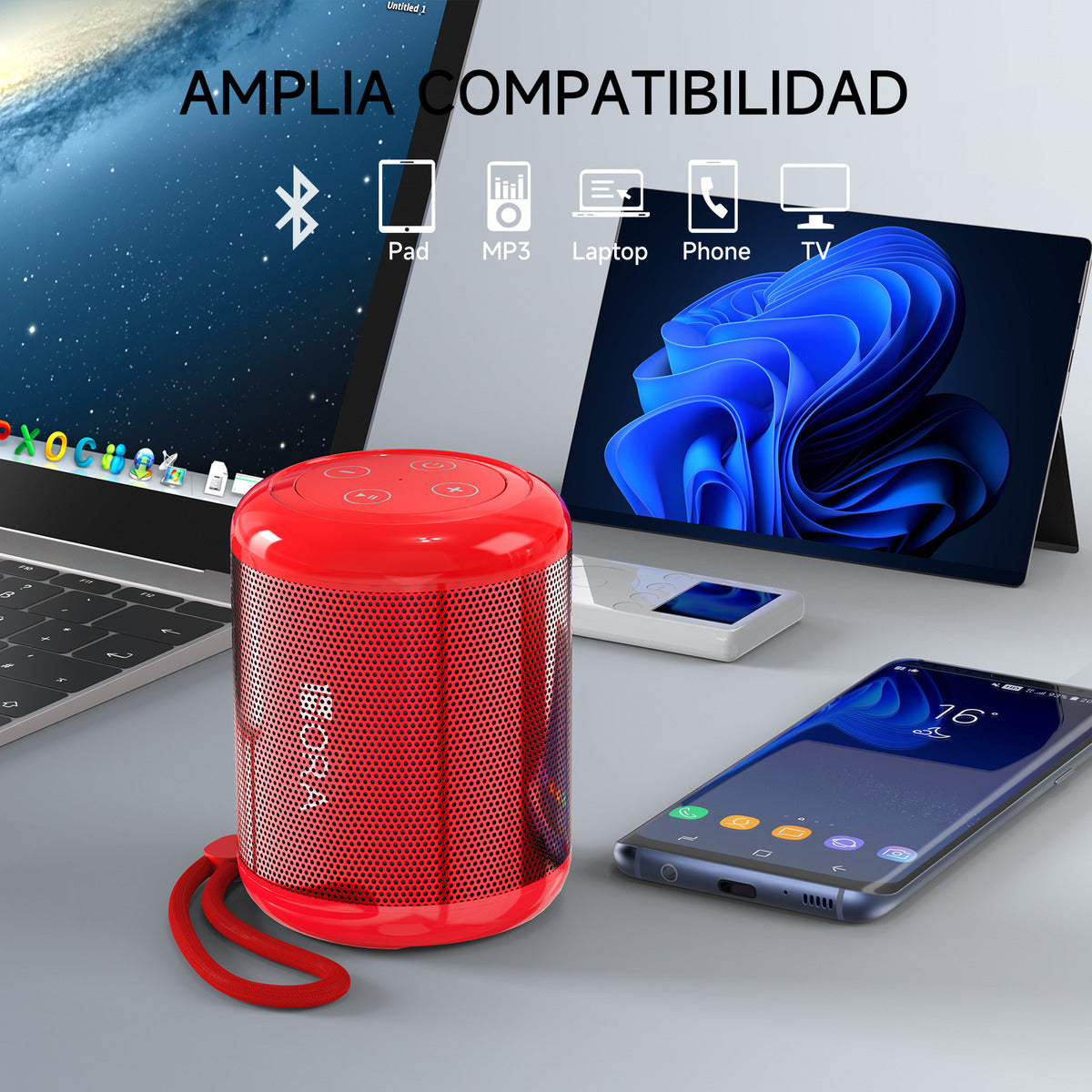 Mini Bocina Bluetooth 5.1 1Hora BOC062 Rojo | FM, USB, TF, AUX, TWS, Batería 1500 mAh, Sonido Estéreo Portátil