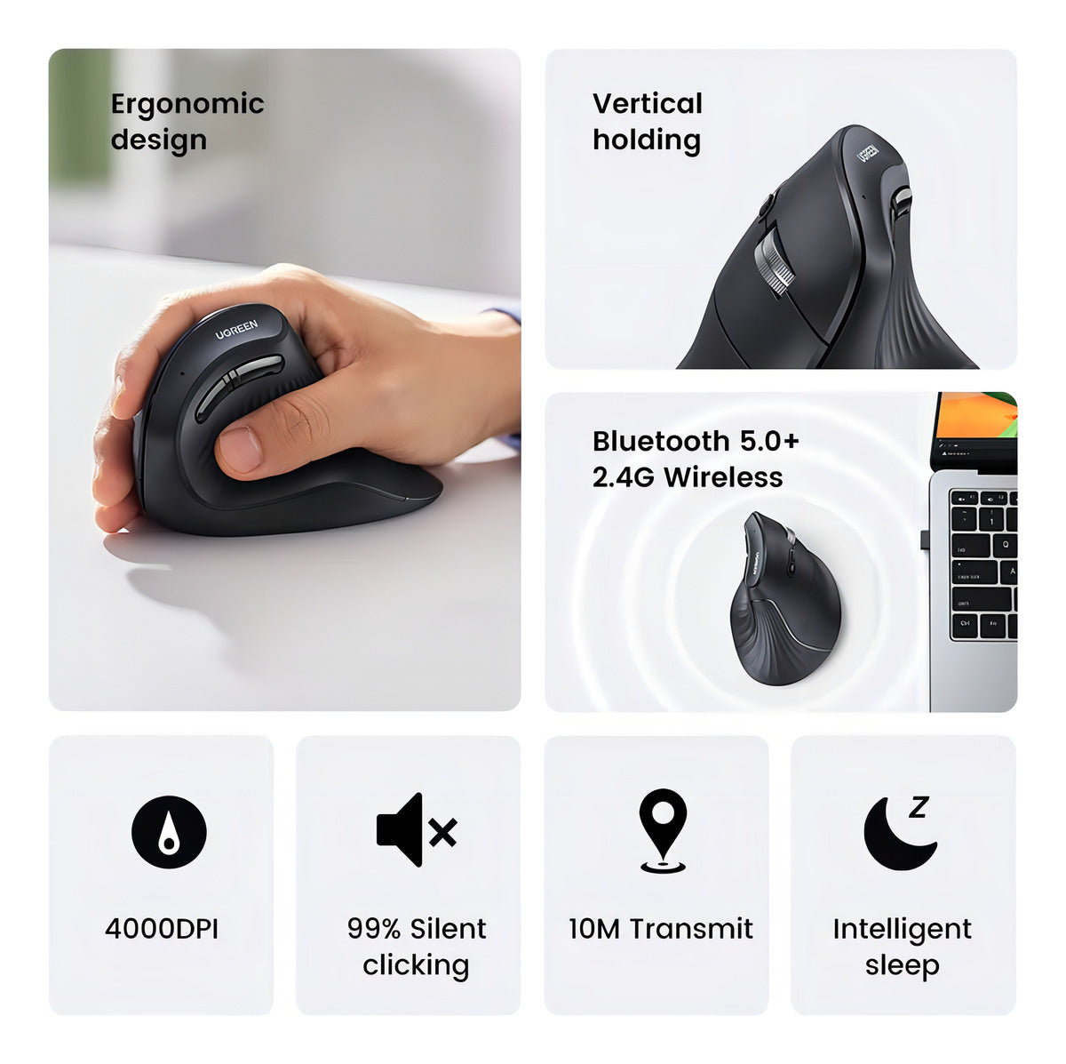 Mouse Vertical Inalambrico 4000dpi 6 Botones Ergonomico Conf Color Negro