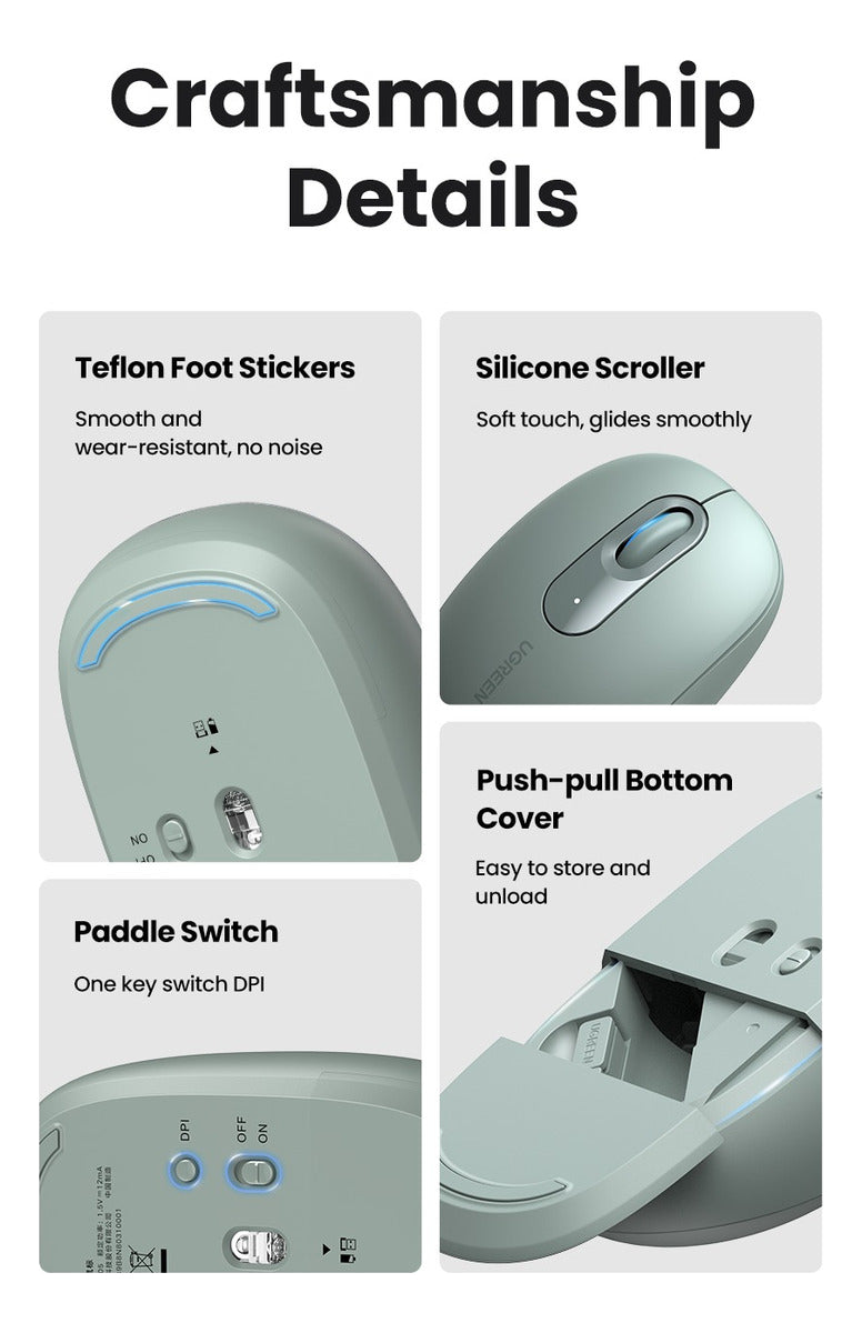 Mouse Ugreen Inalambrico Usb Portatil Ergonomico - 2400 Dpi 2.4ghz - Silencio - Anti Caida - Verde - Mu105-90672