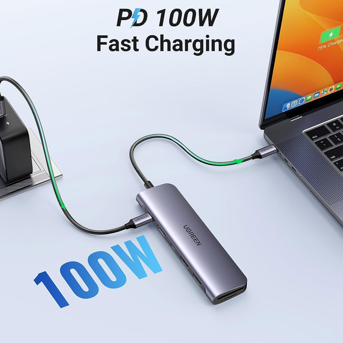 Hub adaptador Ugreen CM195 15214 7 en 1 para USB C suministro de energía de 100 W Plateado
