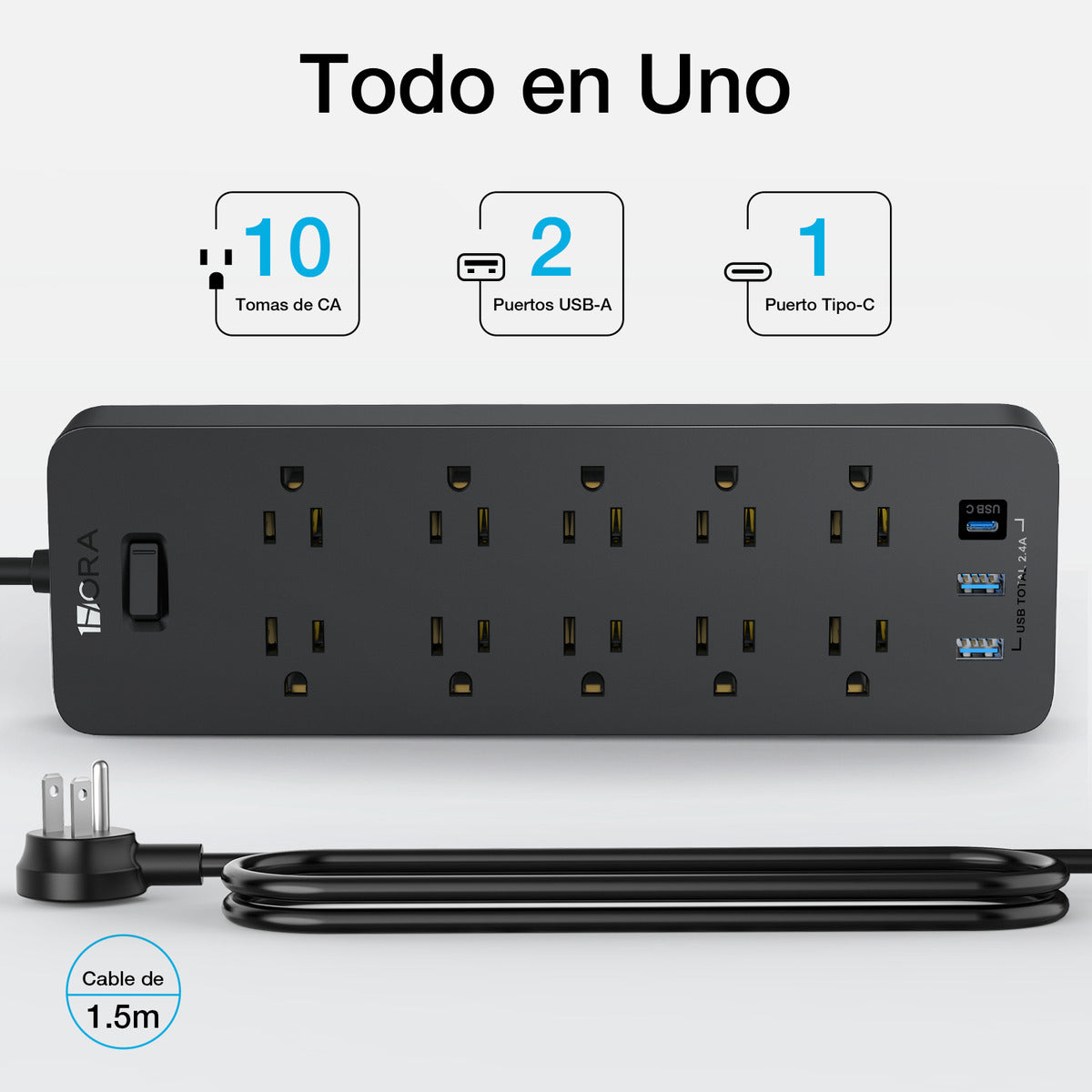Multicontacto 13 Entradas con USB y Tipo C | Regleta 1Hora MCT002 Protección + Montable 1.5m
