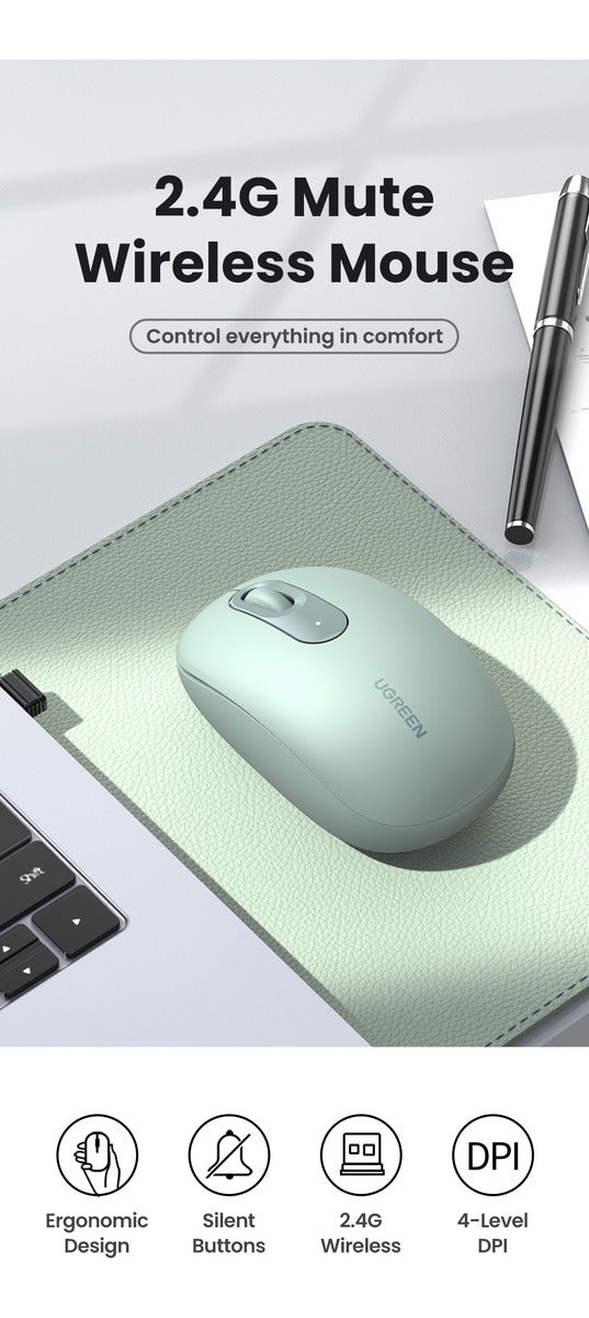 Mouse Ugreen Inalambrico Usb Portatil Ergonomico - 2400 Dpi 2.4ghz - Silencio - Anti Caida - Verde - Mu105-90672