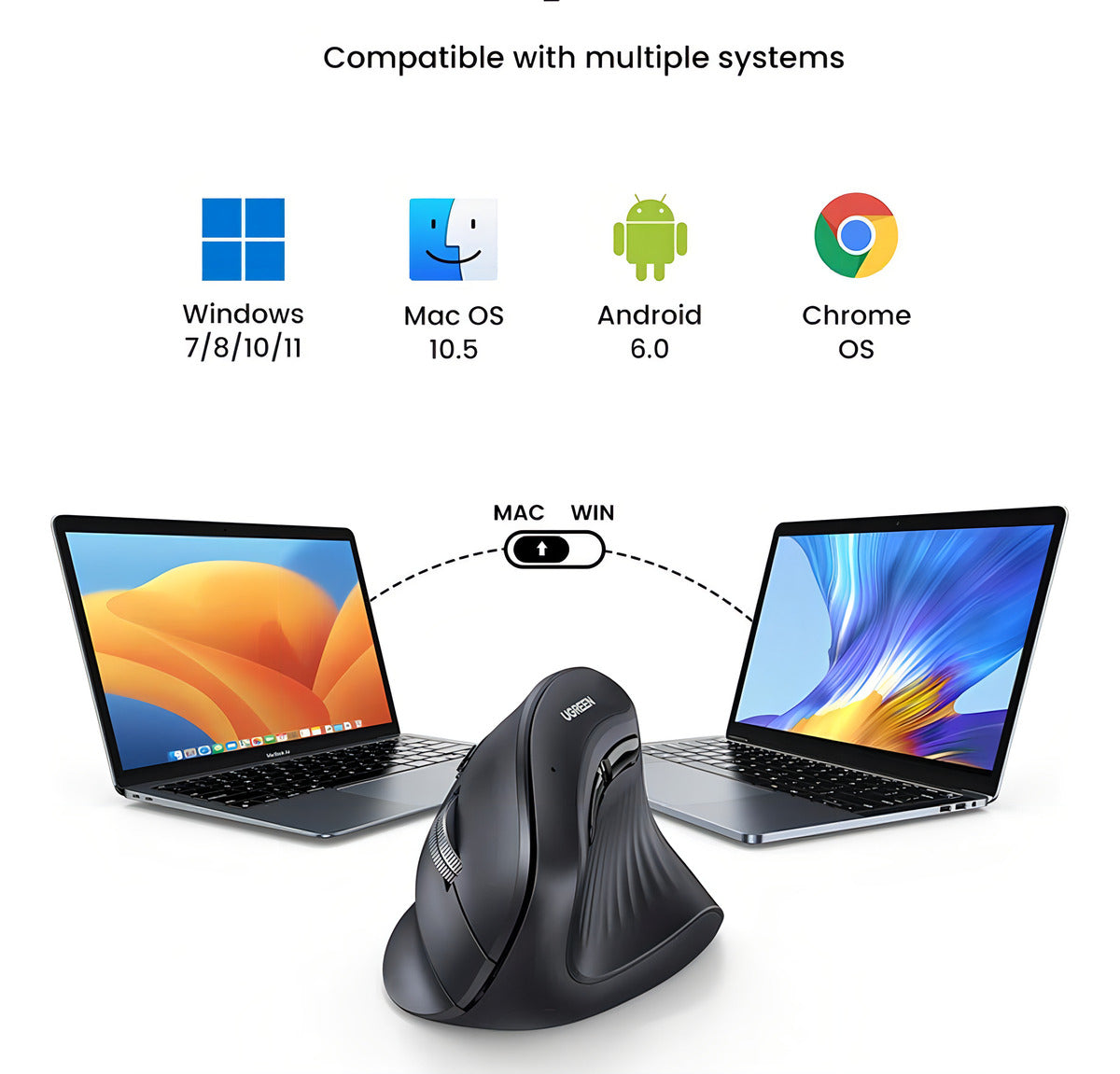 Mouse Vertical Inalambrico 4000dpi 6 Botones Ergonomico Conf Color Negro