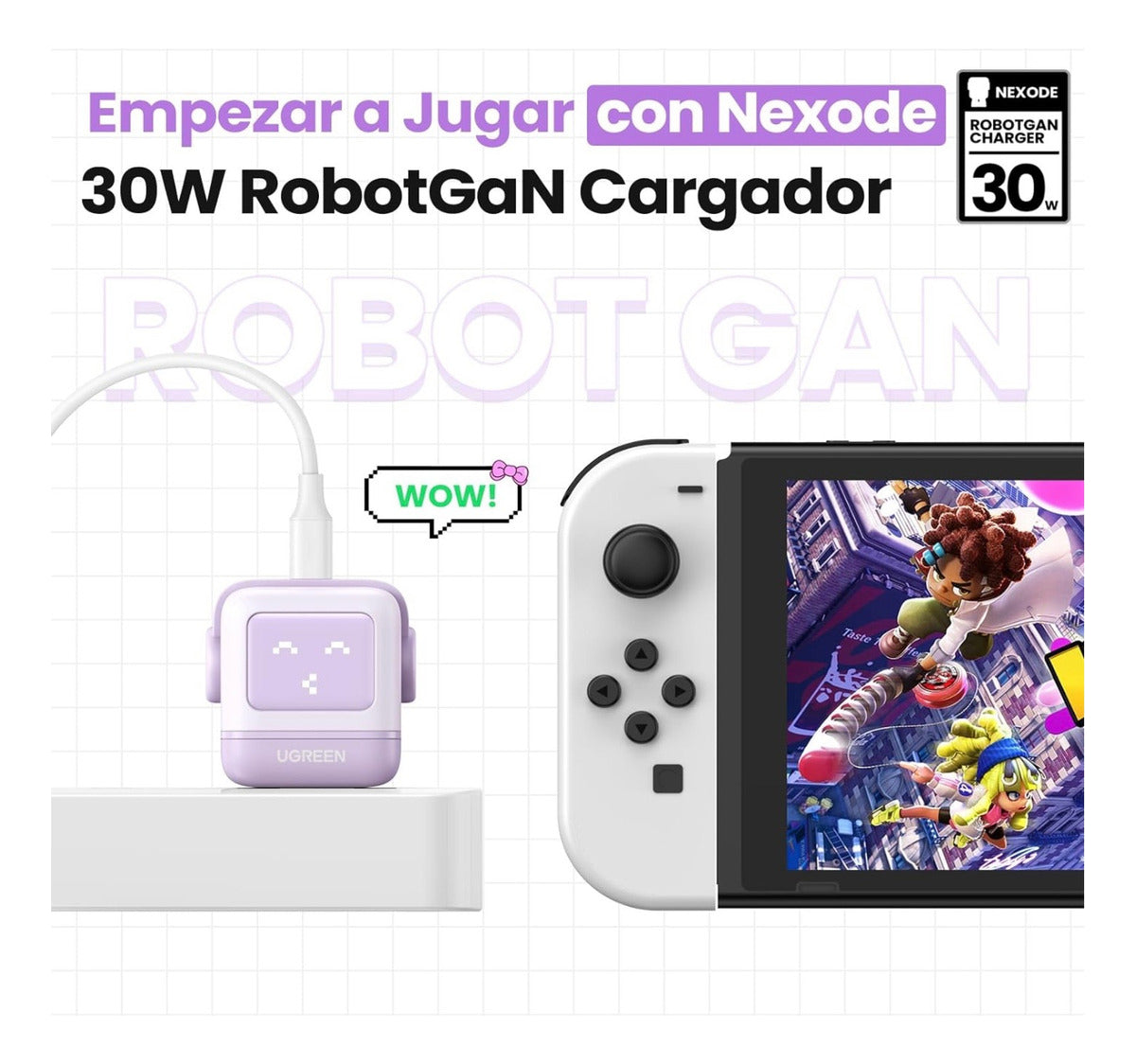 Cargador Usb C 30w Ugreen Nexode Robot Gan Carga Rápida Lila