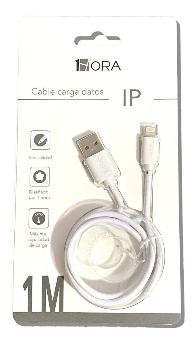 Cable Lightning 1Hora CAB179 | 1M Reforzado, Carga Rápida 2.1A, Color Blanco – Uso Rudo y Datos USB