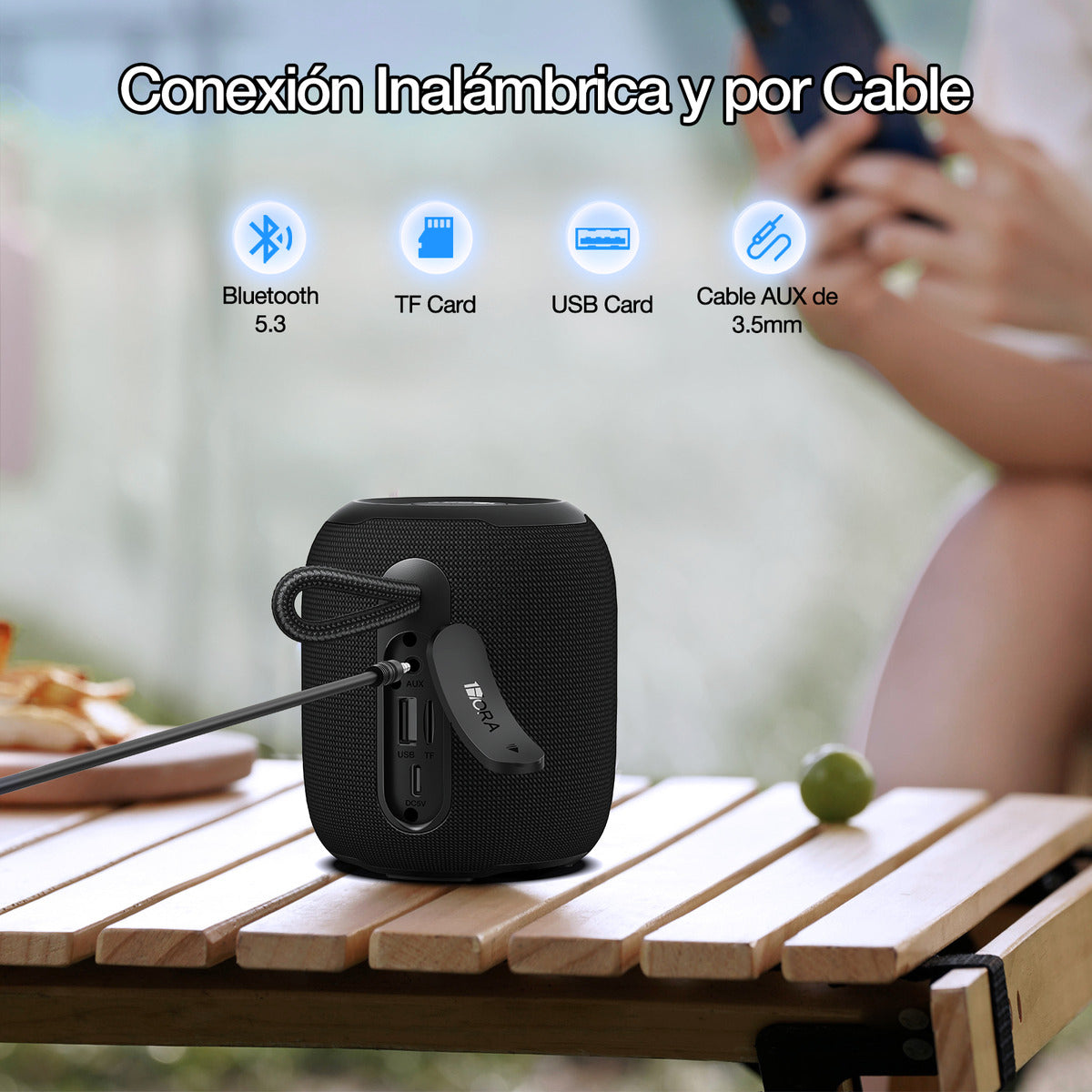 Bocina Bluetooth 1Hora BOC243 Portátil | Altavoz Inalámbrico con TWS, FM, USB, MicroSD, AUX y Soporte Antideslizante