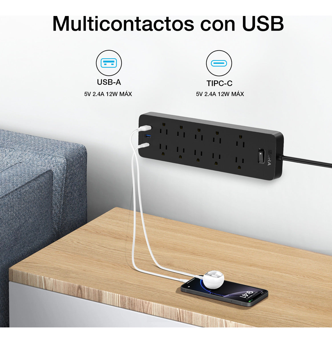 Multicontacto 13 Entradas con USB y Tipo C | Regleta 1Hora MCT002 Protección + Montable 1.5m