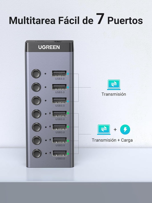 Hub USB 3.0 con 7 Puertos Independientes UGREEN | LED e Interruptores Individuales – Modelo 90305