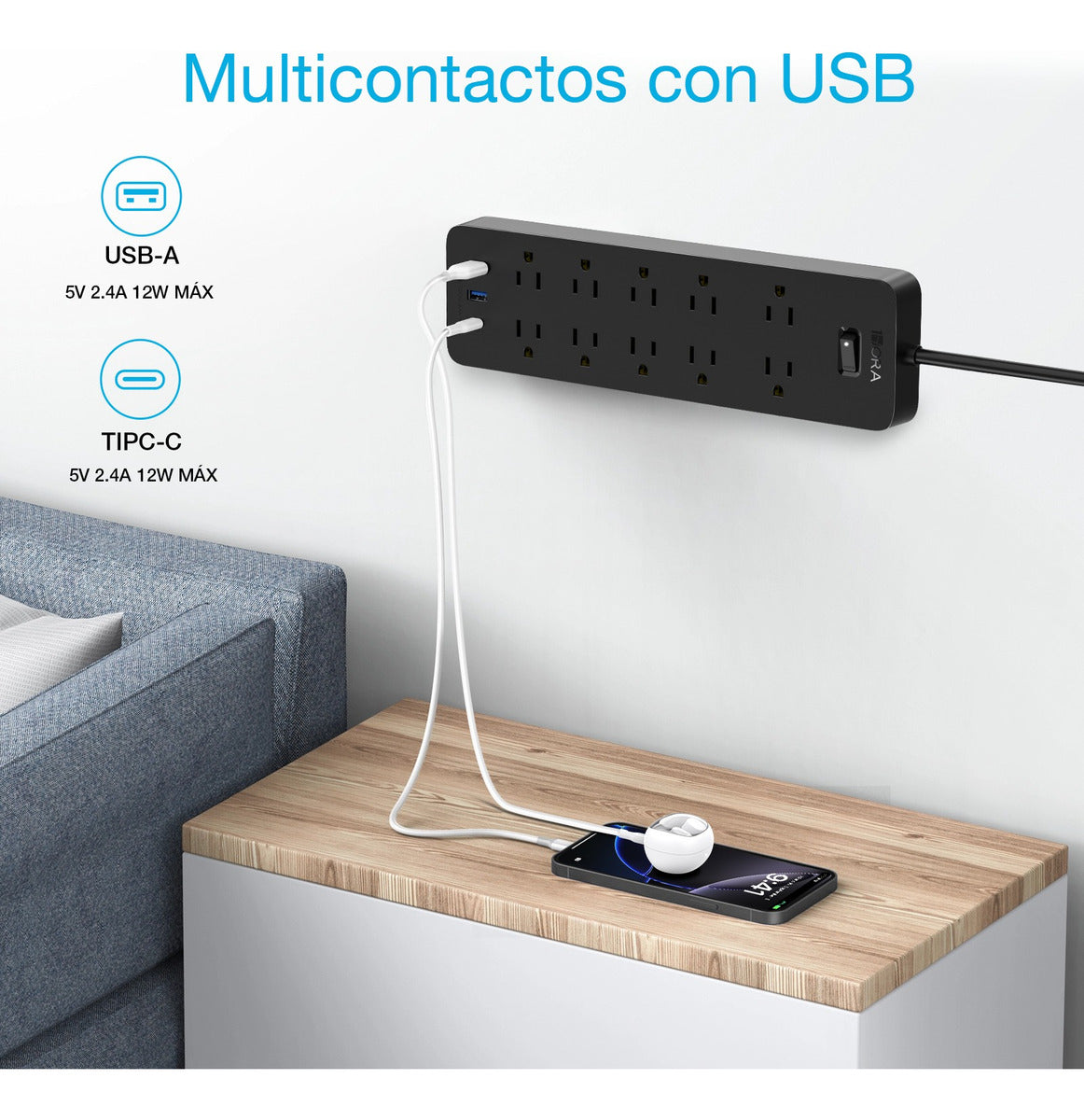 Multicontacto 13 Entradas con USB y Tipo C | Regleta 1Hora MCT002 Protección + Montable 1.5m