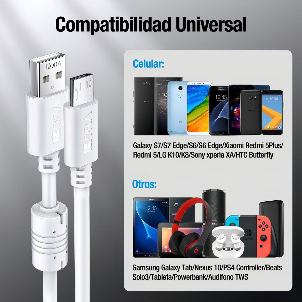 Cable Micro USB 1Hora CAB031 | Carga Rápida V8 Reforzado para Android – 1M, Durable y Flexible