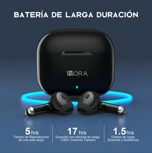 Audífonos In-Ear Bluetooth 5.3 1Hora AUT203 | Graves Potentes, Carga Rápida USB-C, Batería 20h - Negro