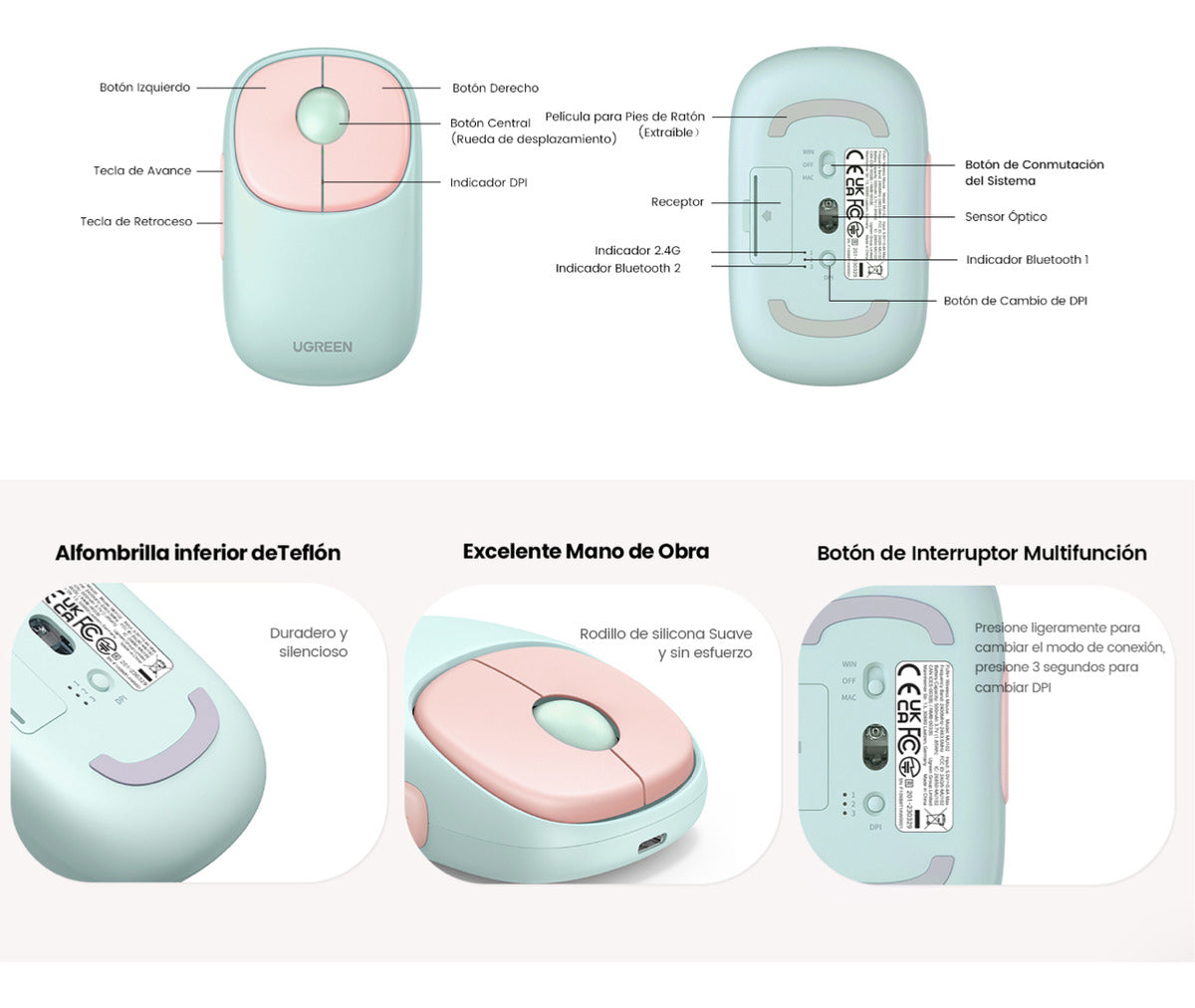Mouse Inalámbrico Fun Recargable 2.4g & Bluetooth 4 Niveles De Dpi Clic Silencioso Ergonómico 5 Botones Color Rosa