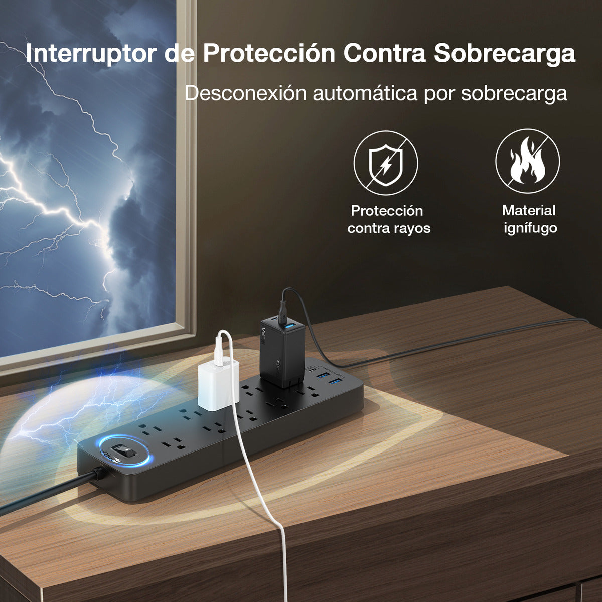 Multicontacto 13 Entradas con USB y Tipo C | Regleta 1Hora MCT002 Protección + Montable 1.5m