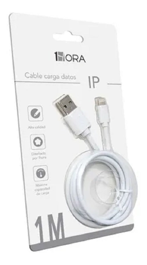 Cable Lightning 1Hora CAB179 | 1M Reforzado, Carga Rápida 2.1A, Color Blanco – Uso Rudo y Datos USB