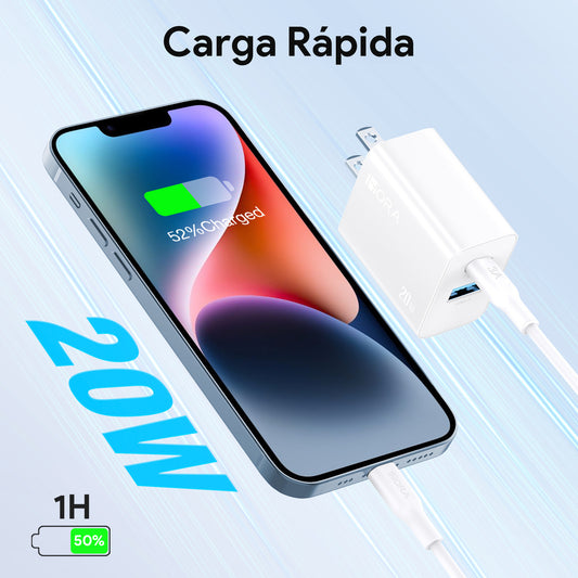 Cargador Rápido 20W para iPhone – Dual USB C & USB + Cable Tipo C a Lightning | GAR163