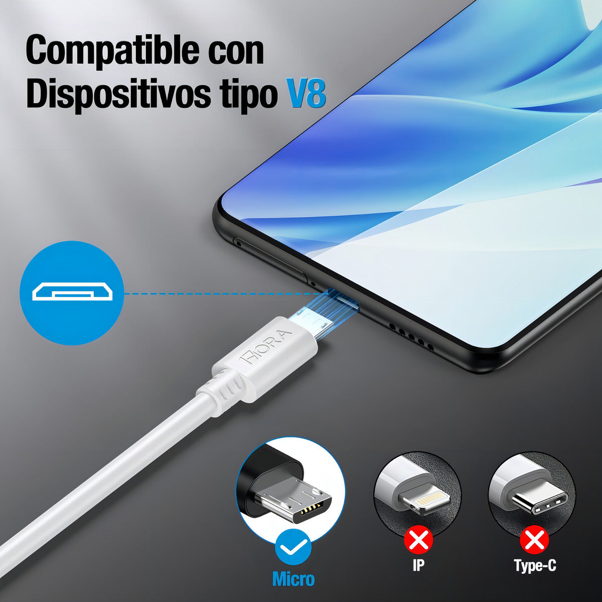 Cable Micro USB 1Hora CAB031 | Carga Rápida V8 Reforzado para Android – 1M, Durable y Flexible
