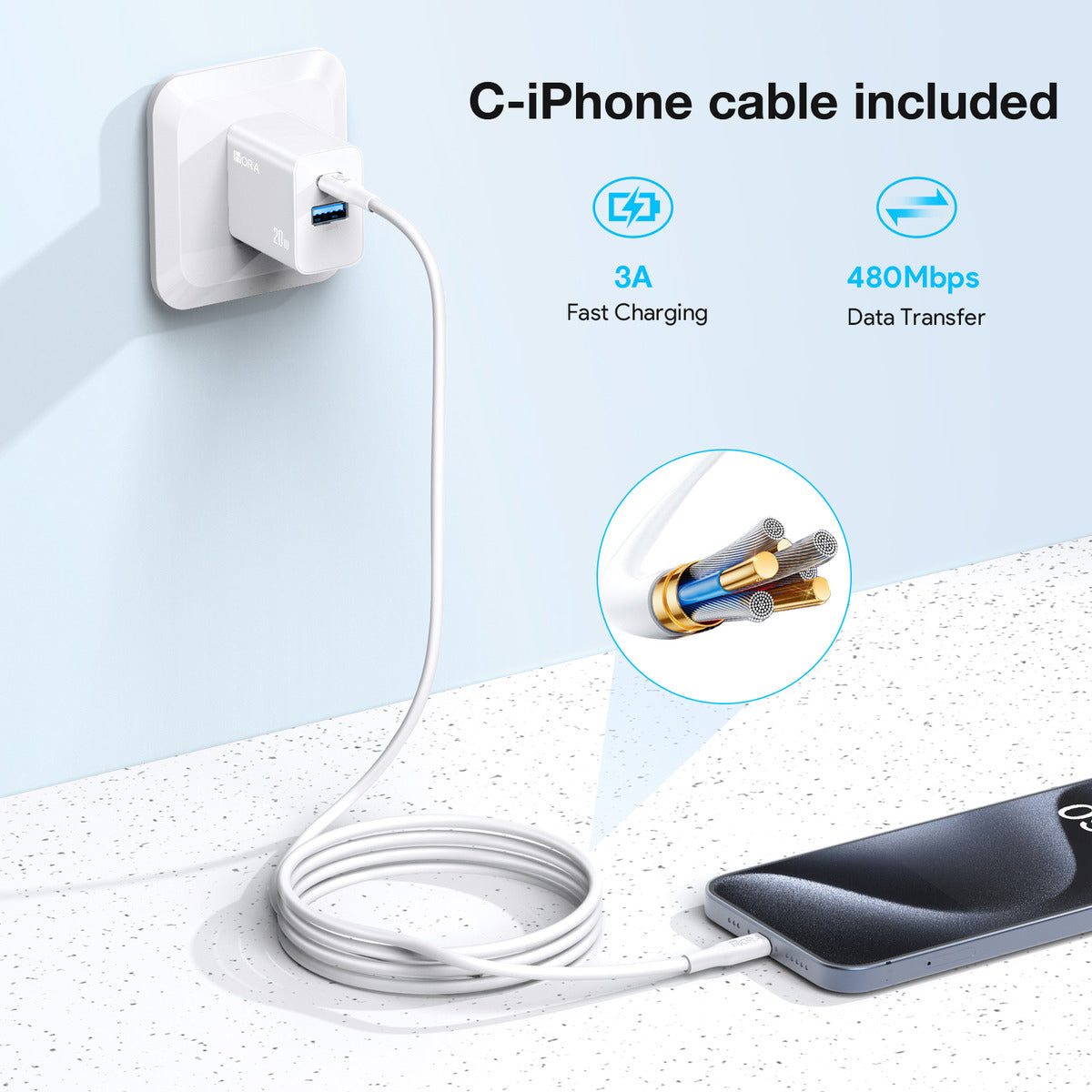 Cargador Rápido 20W para iPhone – Dual USB C & USB + Cable Tipo C a Lightning | GAR163