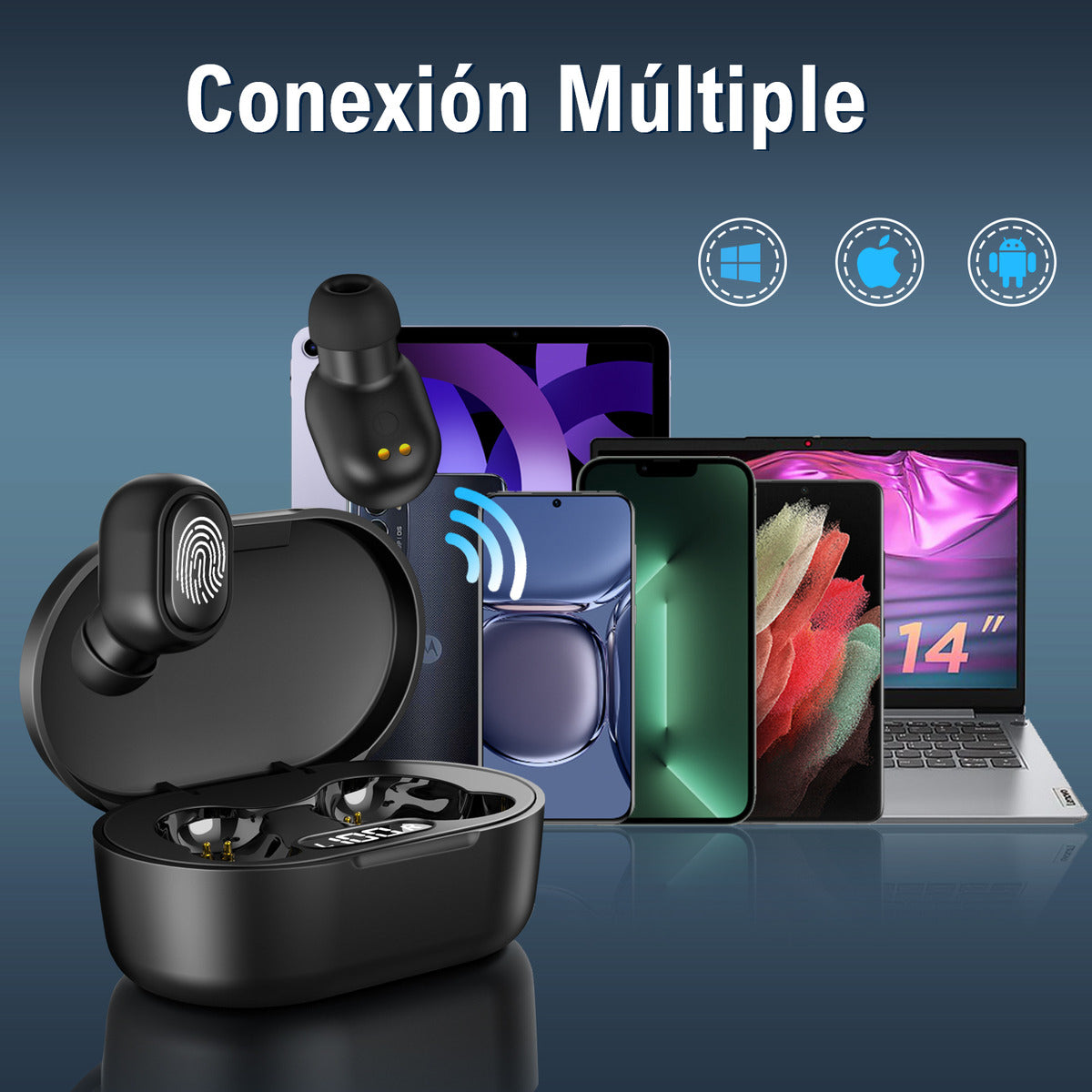 Audífonos Inalámbricos Bluetooth 5.3 1Hora AUT114 | Sonido HD, Batería 25H, Micrófono y Estuche LED – Color Negro