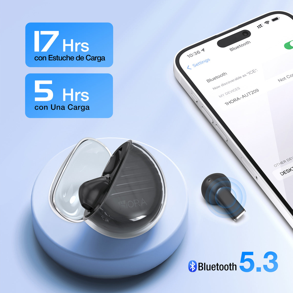Audífonos In-Ear Transparentes Bluetooth 5.3 1Hora AUT209 Negro | Micrófono, Asistente de Voz, Graves Potentes – Ultra Ligeros 3.1 g