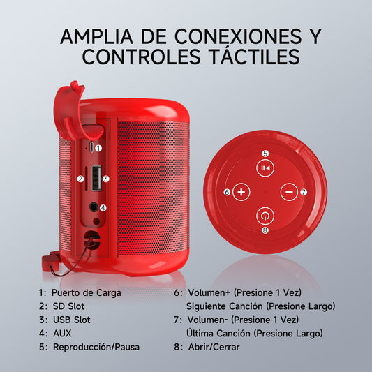 Mini Bocina Bluetooth 5.1 1Hora BOC062 Rojo | FM, USB, TF, AUX, TWS, Batería 1500 mAh, Sonido Estéreo Portátil