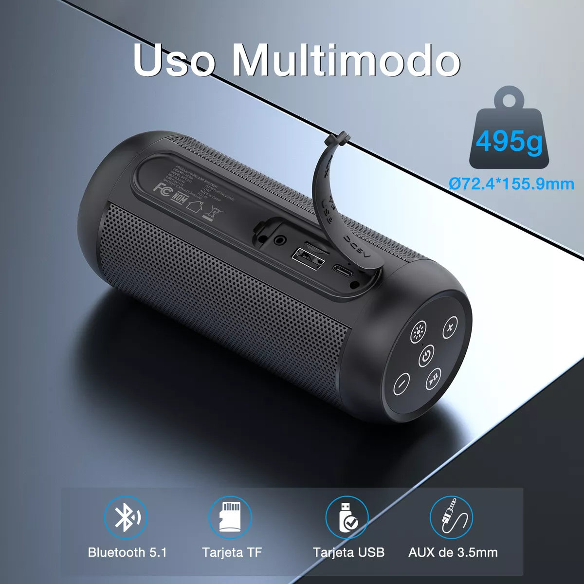 Bocina Bluetooth 5.1 1Hora BOC242 con Luces RGB | Altavoz Portátil TWS, FM, USB, MicroSD, Batería 2400 mAh, Sonido Hi-Fi