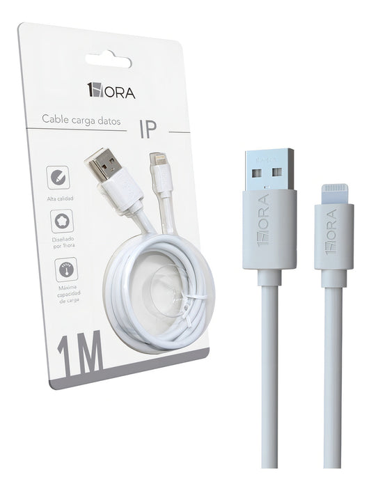 Cable Lightning 1Hora CAB179 | 1M Reforzado, Carga Rápida 2.1A, Color Blanco – Uso Rudo y Datos USB