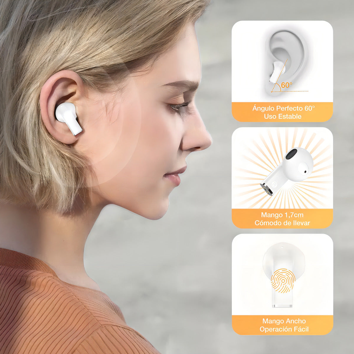 Audífonos In-Ear Transparentes Bluetooth 5.3 1Hora AUT209 Blanco | Micrófono, Asistente de Voz, Graves Potentes – Ultra Ligeros 3.1 g