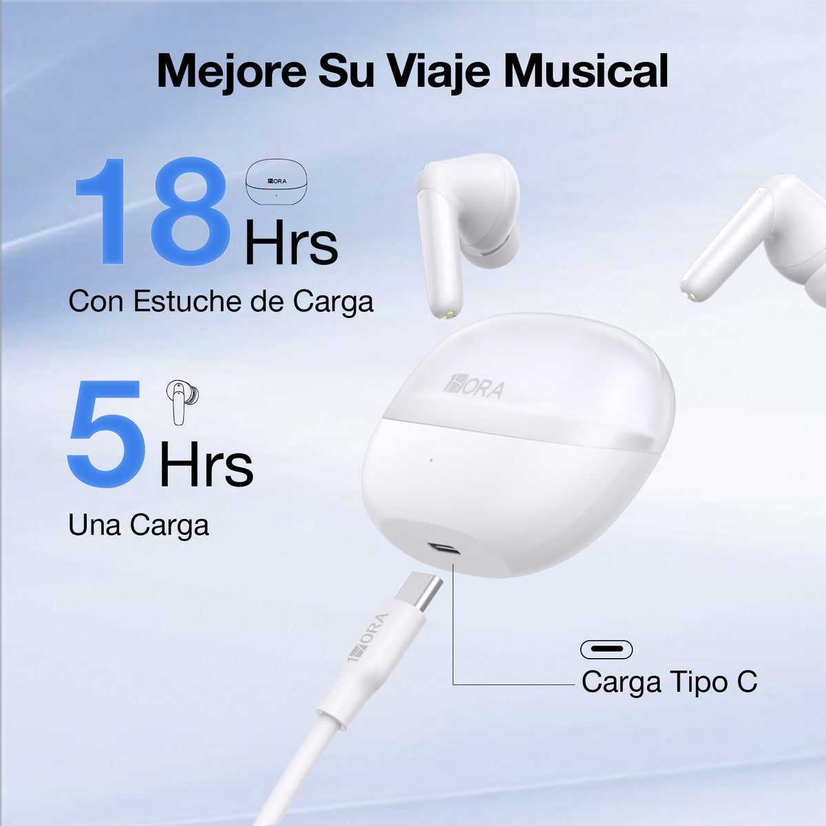 Audífonos In-Ear Bluetooth 5.3 1Hora AUT207 | Batería 18h, Sonido Profesional, Micrófono, USB-C – Color Blanco