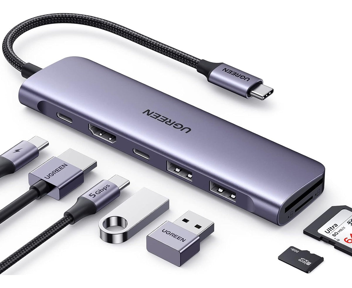 Hub adaptador Ugreen CM195 15214 7 en 1 para USB C suministro de energía de 100 W Plateado