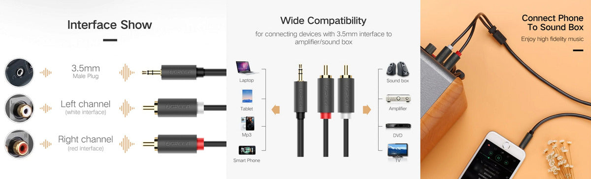 Cable Divisor de Jack 3.5mm Macho A 2 Rca Macho 3 Metros Ugreen